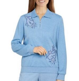 NWT Alfred Dunner Quarter Zip Pullover In Blue With Embroidery Accents Size 3X